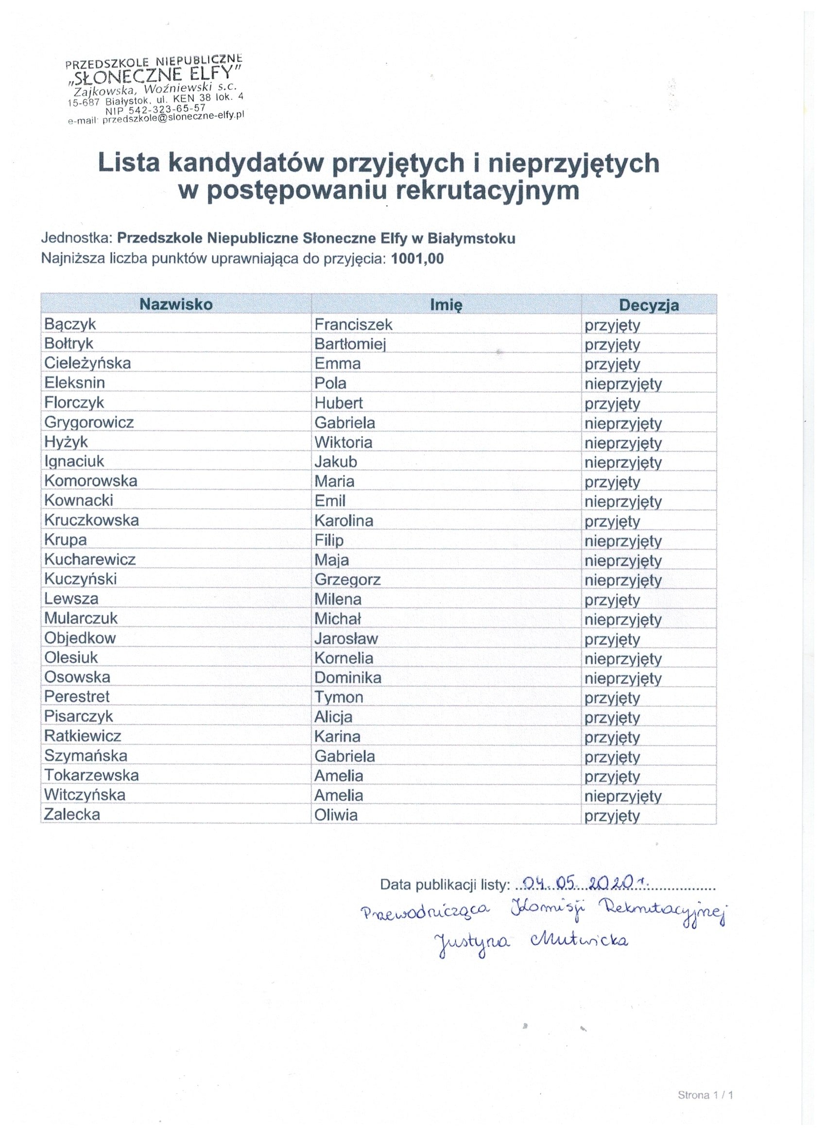 Lista przyjtych i nieprzyjtych w rekrutacji 2020-21